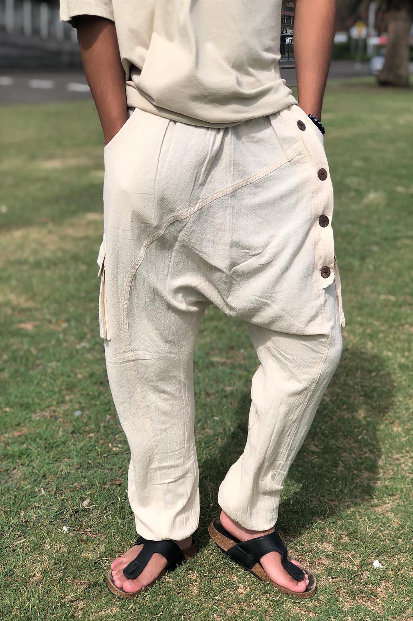 Unisex Drop Crotch Harem Pants – 100% Cotton with 8 Buttons – Ethnic Hobo Aladdin Style – Made in Nepal