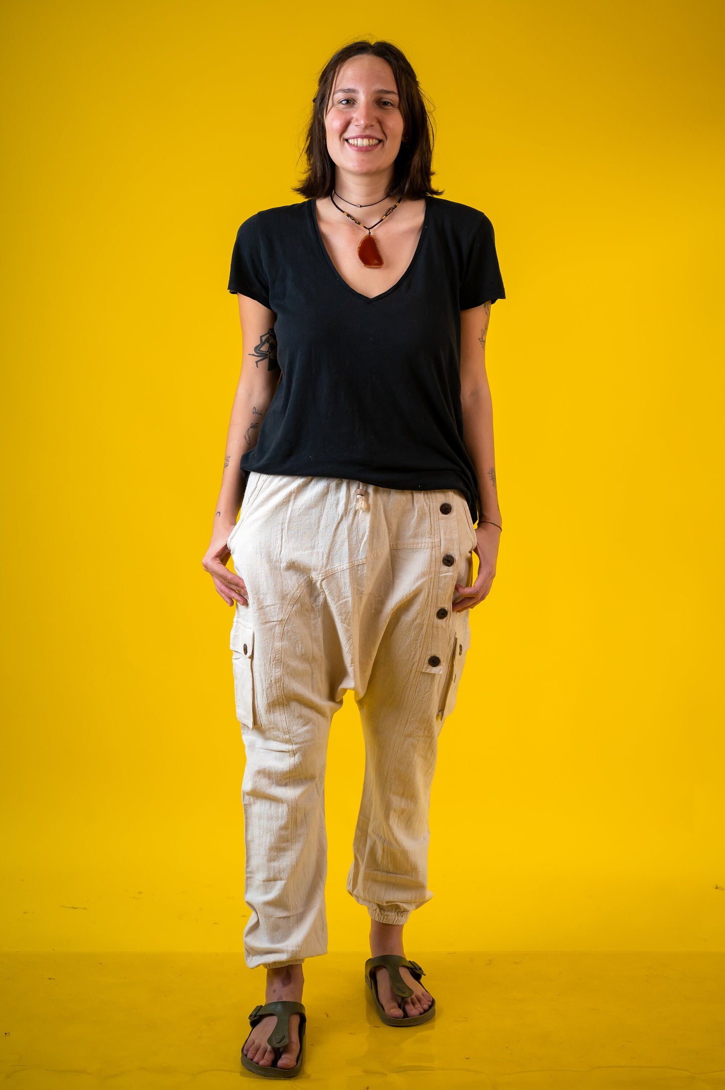 Unisex Drop Crotch Harem Pants – 100% Cotton with 8 Buttons – Ethnic Hobo Aladdin Style – Made in Nepal