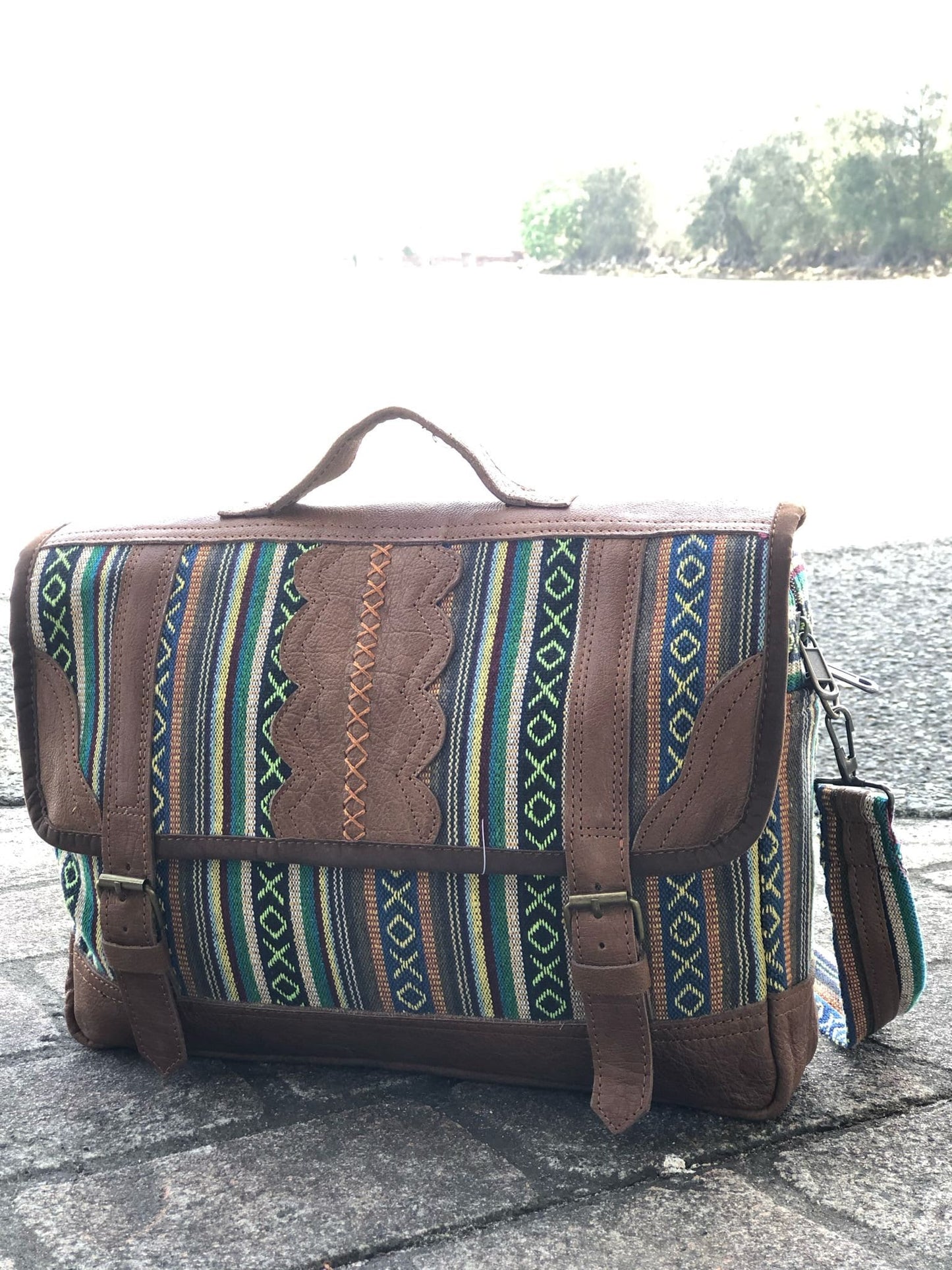 100% Cotton and Buffalo Leather| Handmade | Gheri | Mini Laptop Bag | Made in Nepal