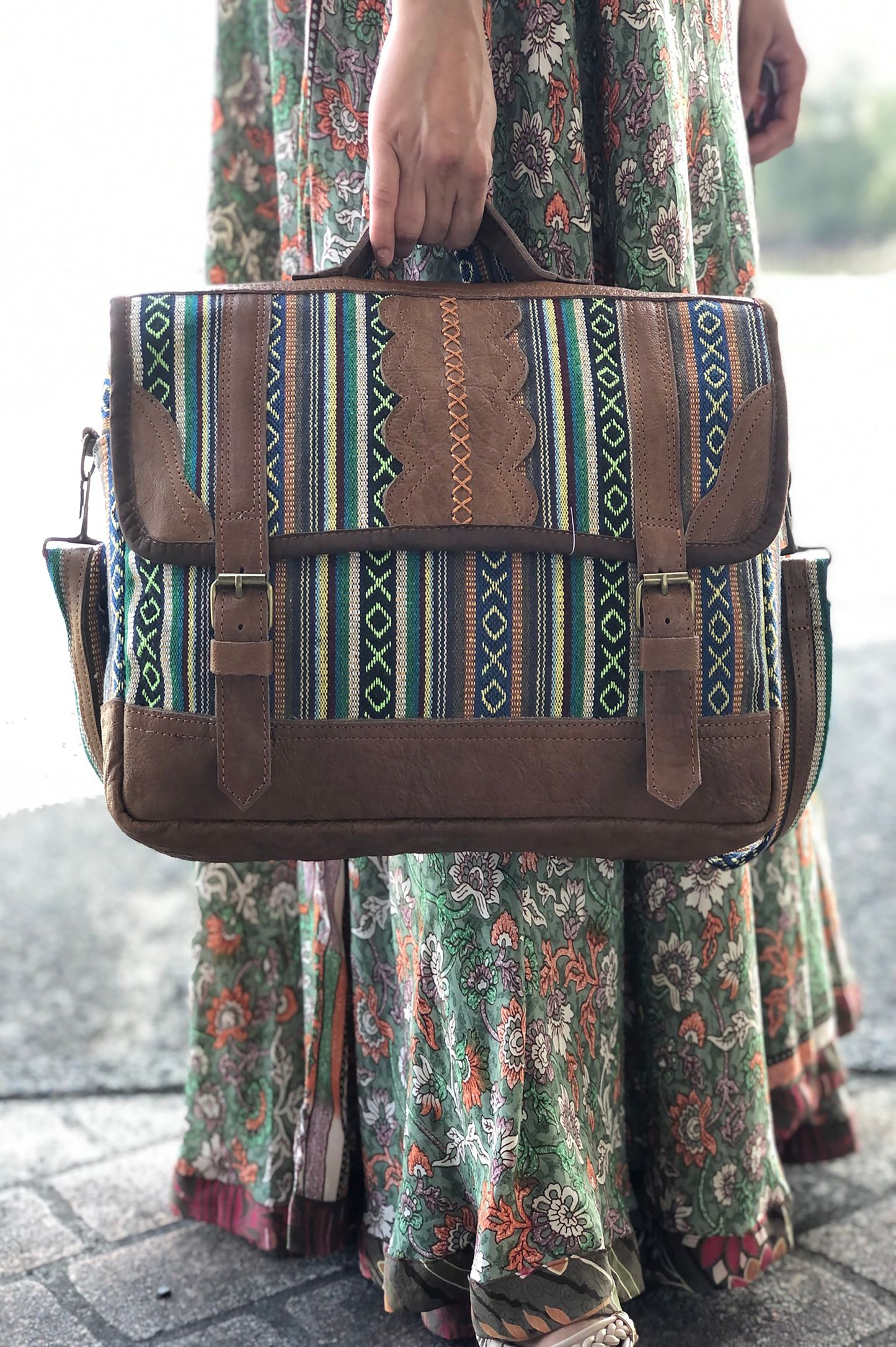 100% Cotton and Buffalo Leather| Handmade | Gheri | Mini Laptop Bag | Made in Nepal