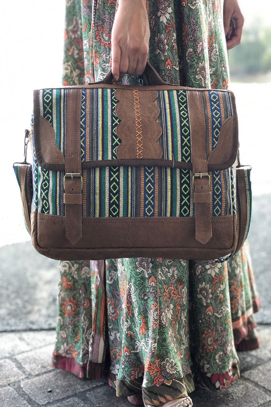 100% Cotton and Buffalo Leather| Handmade | Gheri | Mini Laptop Bag | Made in Nepal