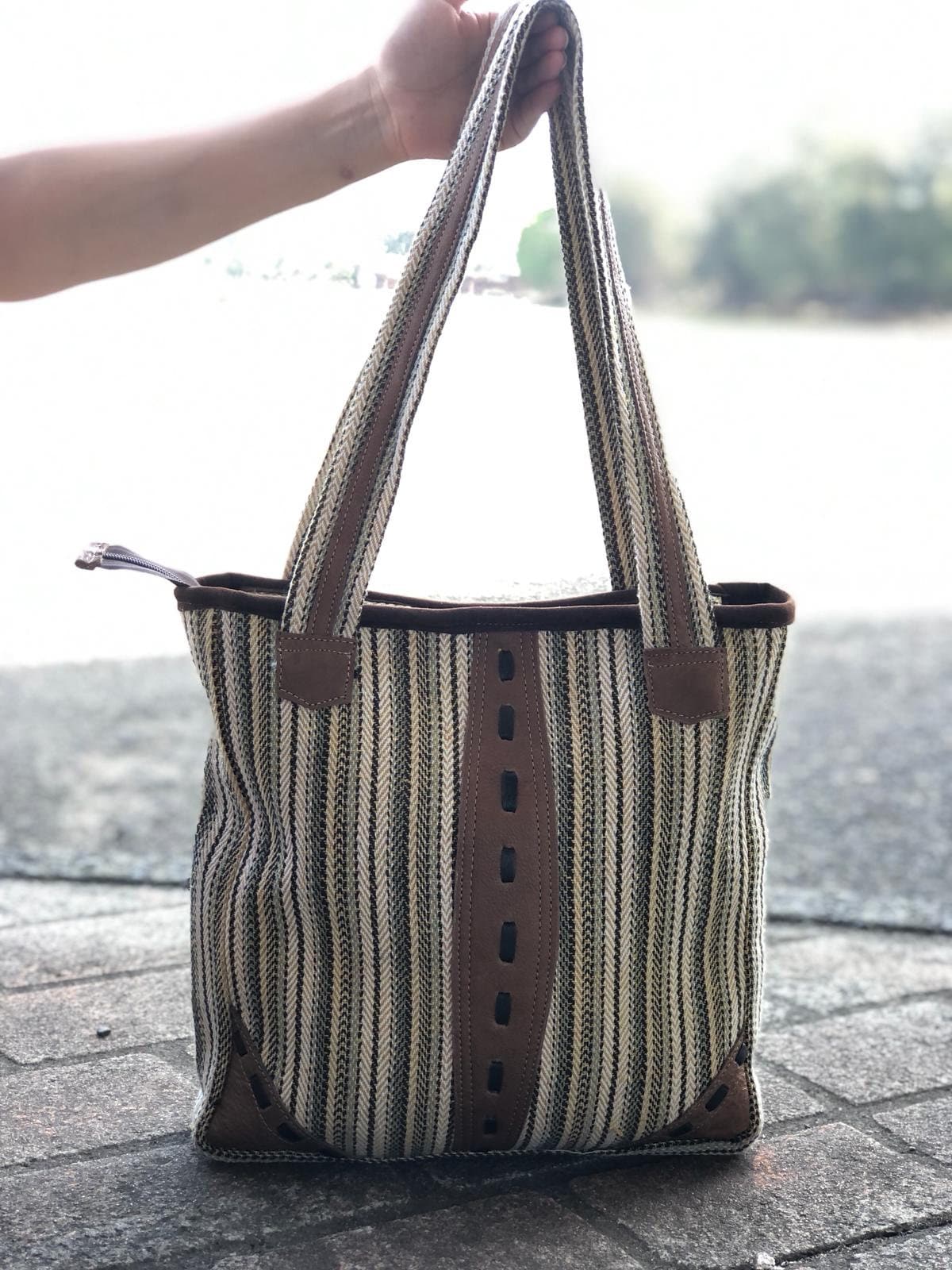 100% cotton and Buffalo leather | Gheri | Handmade | Tote | Bag | Made in Nepal