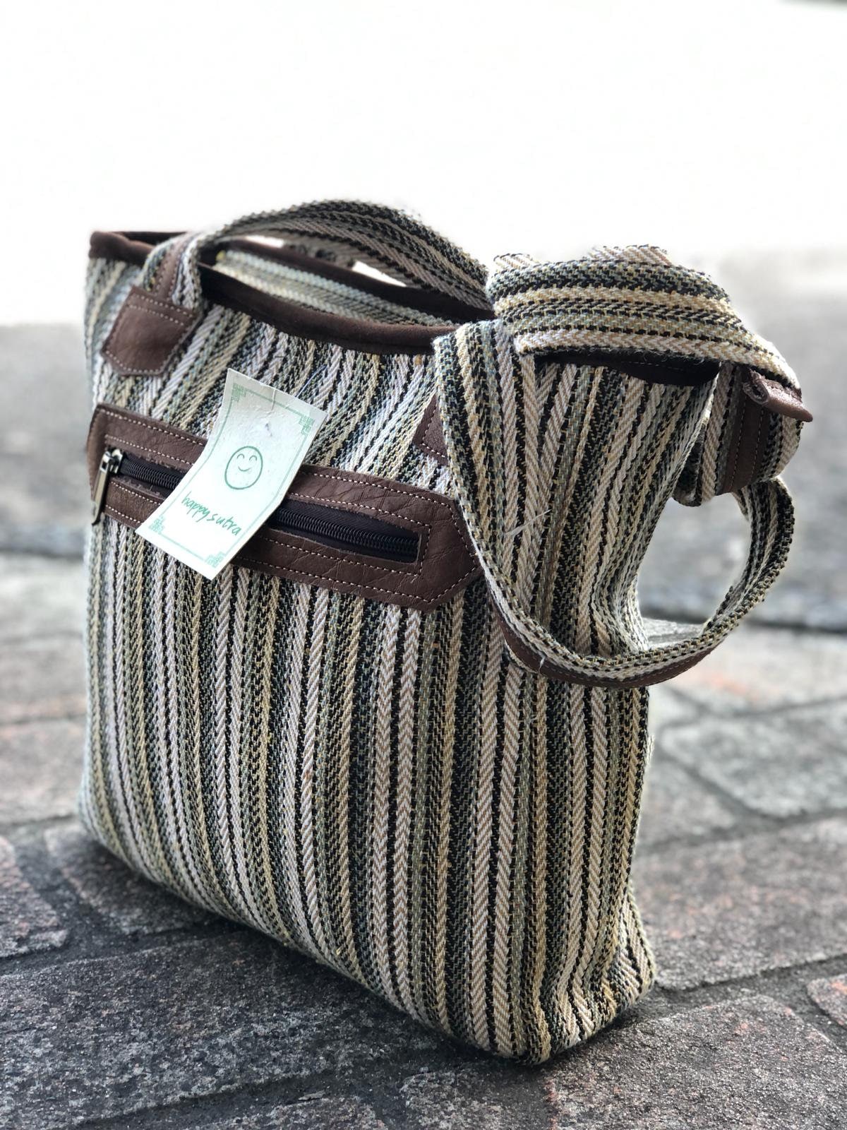 100% cotton and Buffalo leather | Gheri | Handmade | Tote | Bag | Made in Nepal